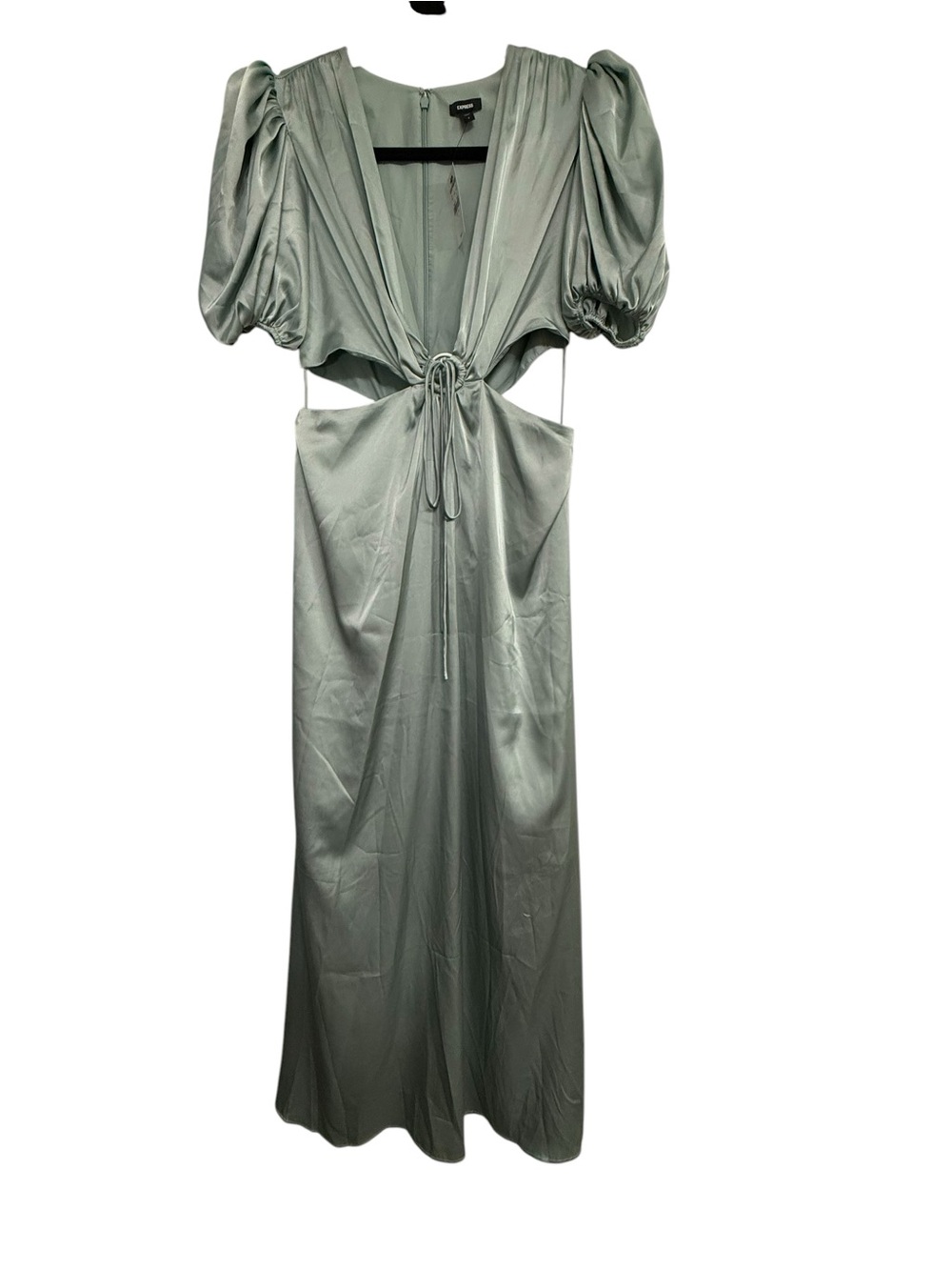 Satin V-Neck Puff Sleeve Tie Front Cutout Maxi Dress - Picture 4 of 6